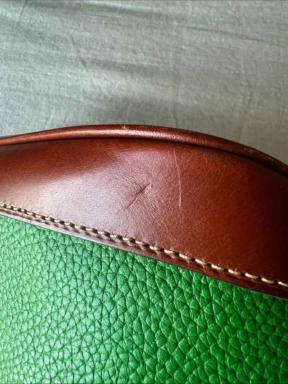Dooney & Bourke Green Pebbled Leather Satchel with Brown Trim and Strap